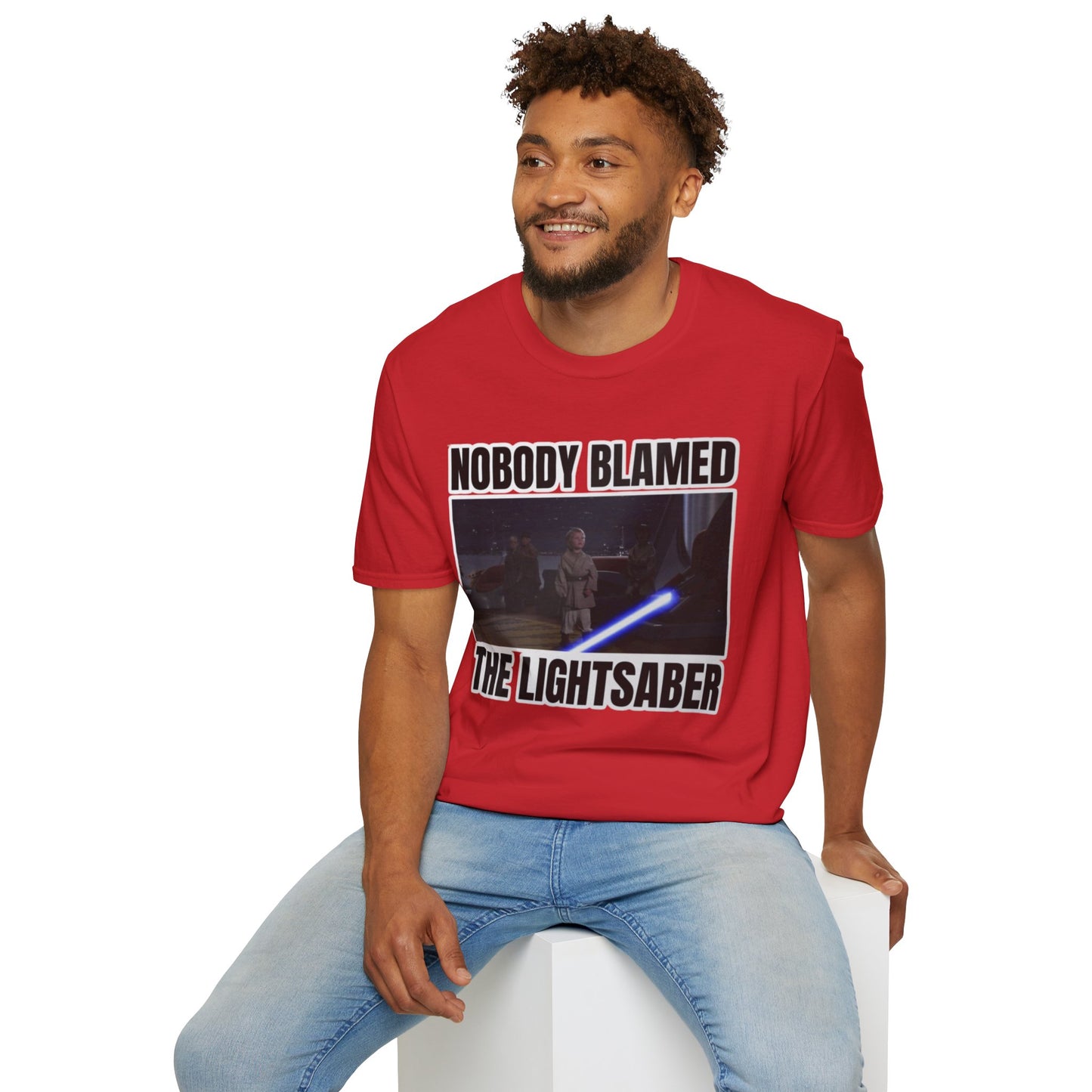 Humorous 'Nobody blamed the lightsaber' meme T-Shirt