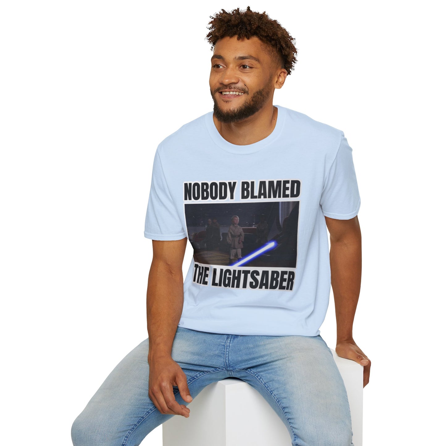 Humorous 'Nobody blamed the lightsaber' meme T-Shirt