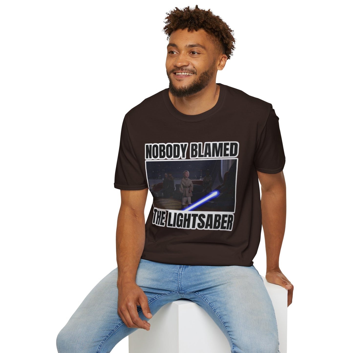 Humorous 'Nobody blamed the lightsaber' meme T-Shirt