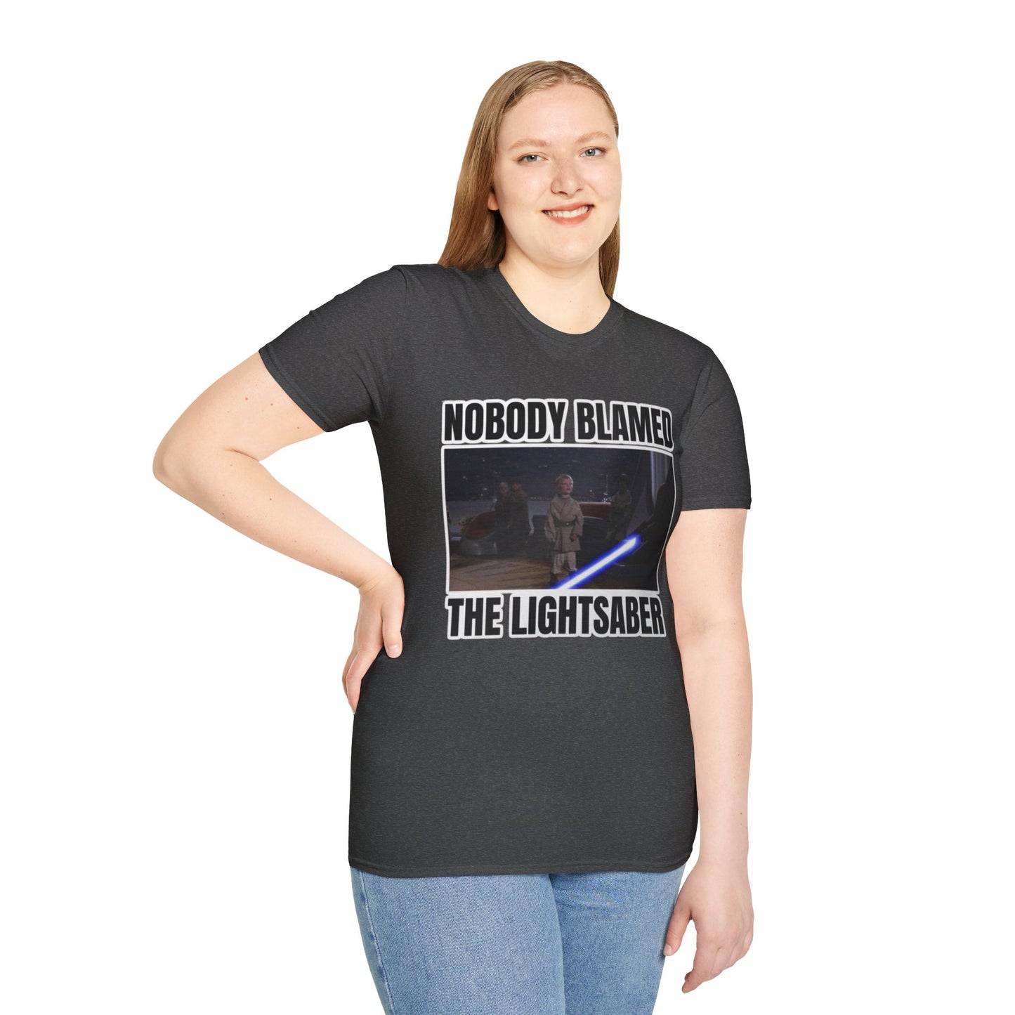 Humorous 'Nobody blamed the lightsaber' meme T-Shirt