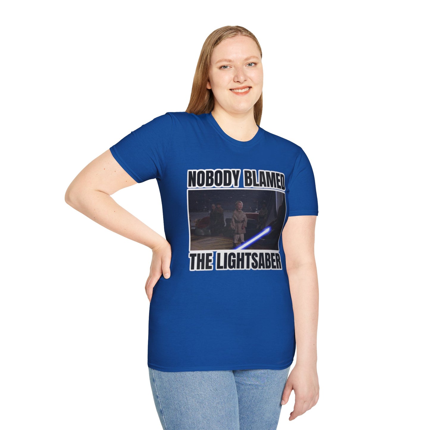 Humorous 'Nobody blamed the lightsaber' meme T-Shirt