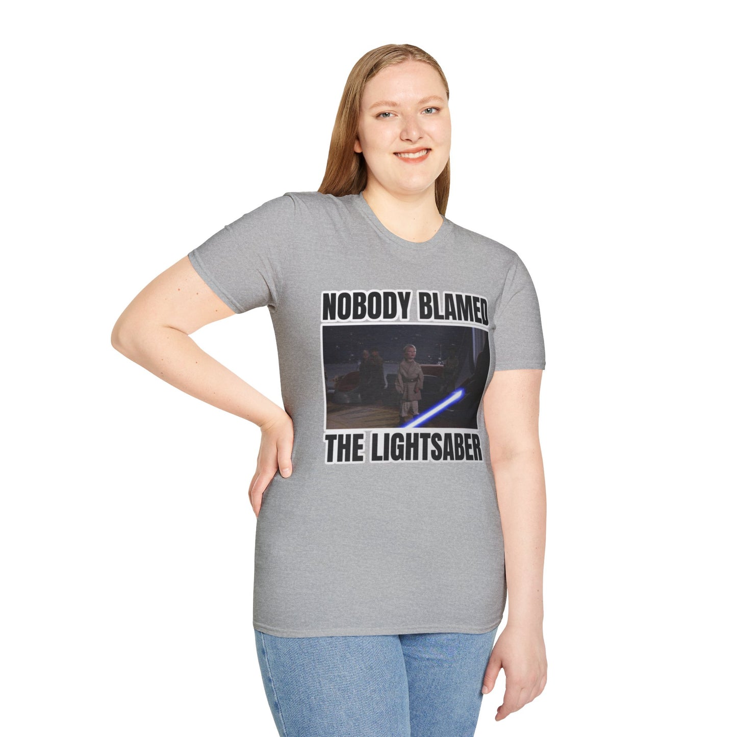Humorous 'Nobody blamed the lightsaber' meme T-Shirt