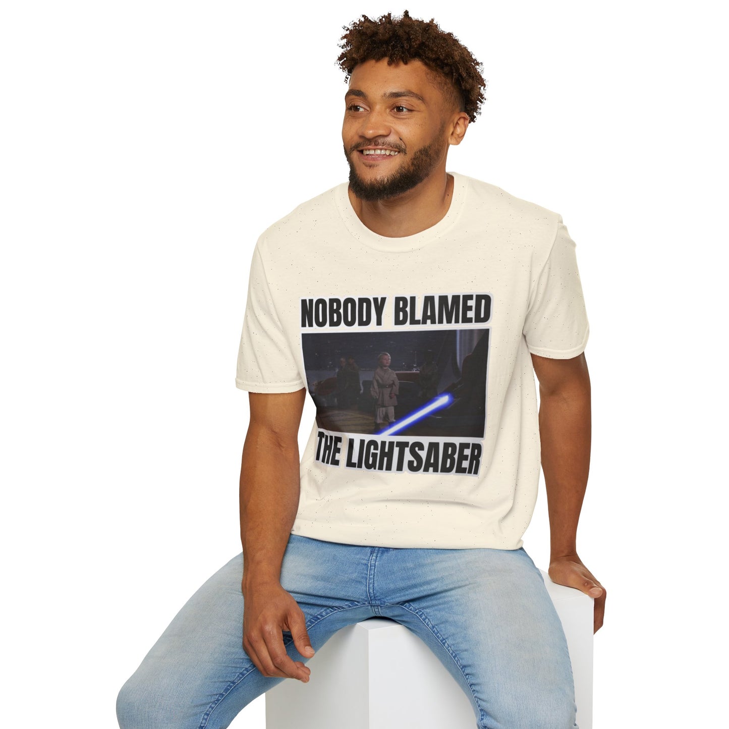 Humorous 'Nobody blamed the lightsaber' meme T-Shirt
