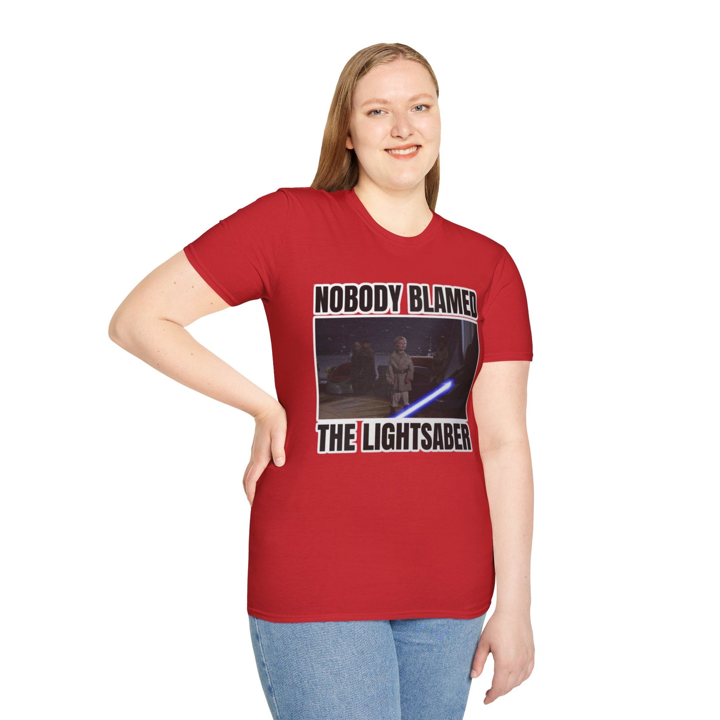 Humorous 'Nobody blamed the lightsaber' meme T-Shirt