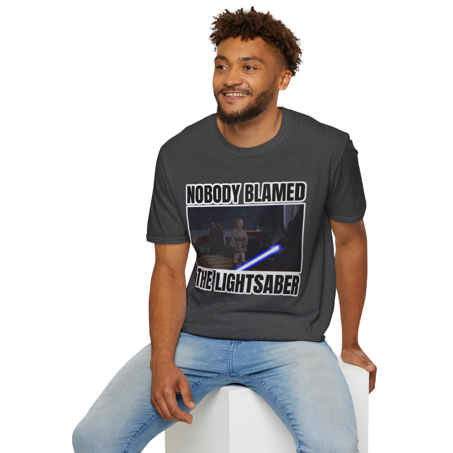 Humorous 'Nobody blamed the lightsaber' meme T-Shirt