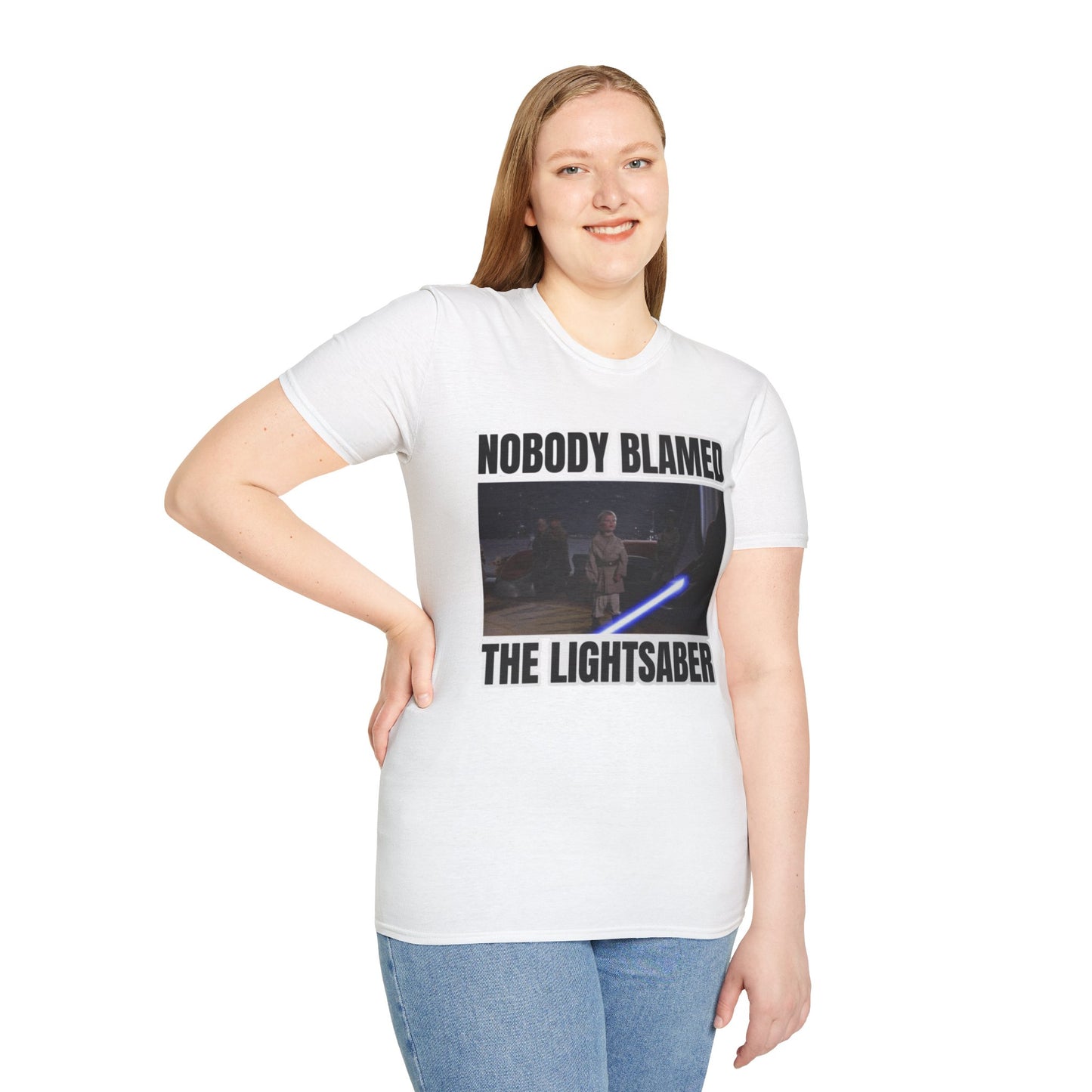 Humorous 'Nobody blamed the lightsaber' meme T-Shirt