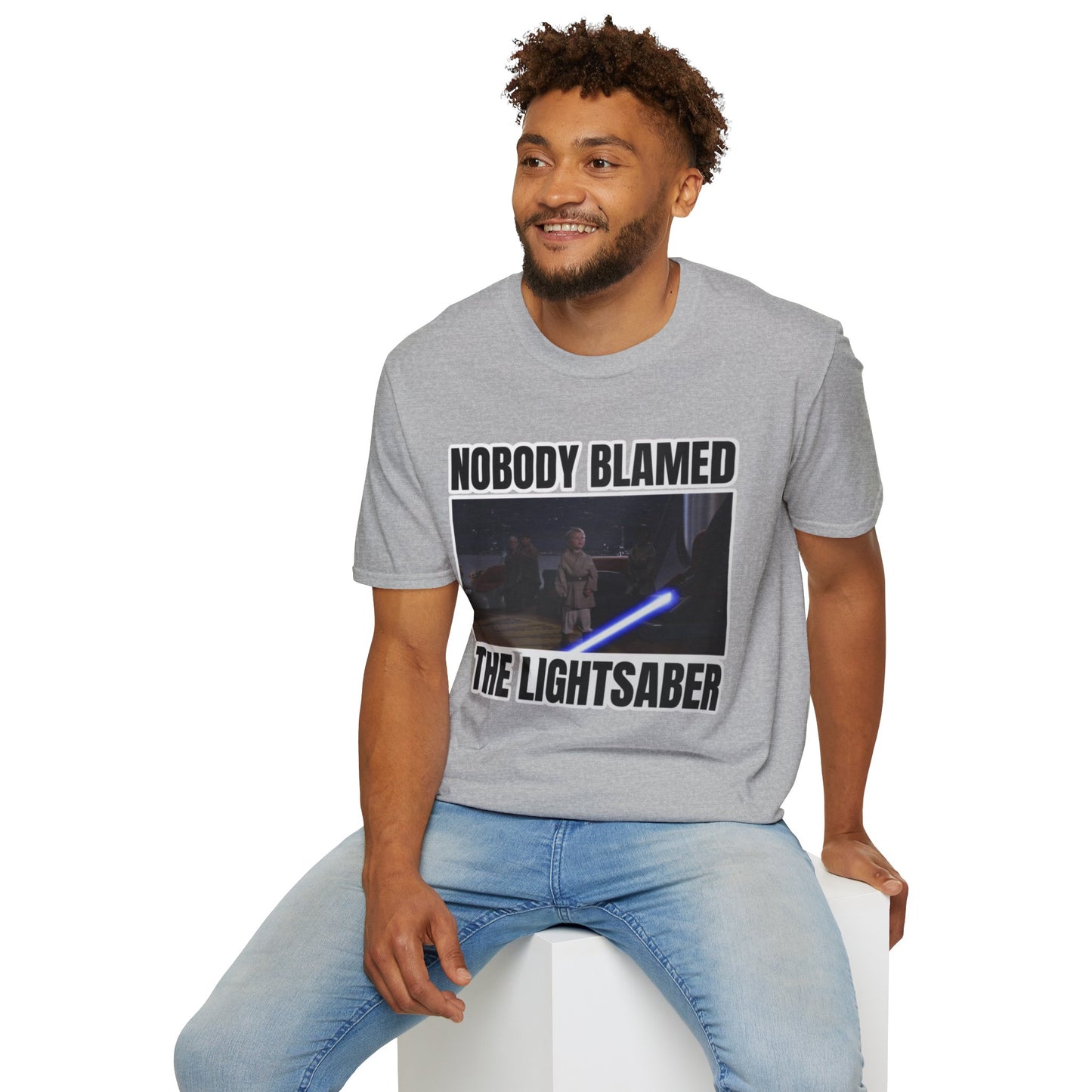 Humorous 'Nobody blamed the lightsaber' meme T-Shirt