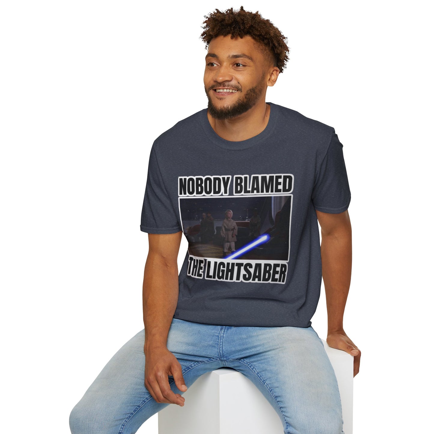 Humorous 'Nobody blamed the lightsaber' meme T-Shirt