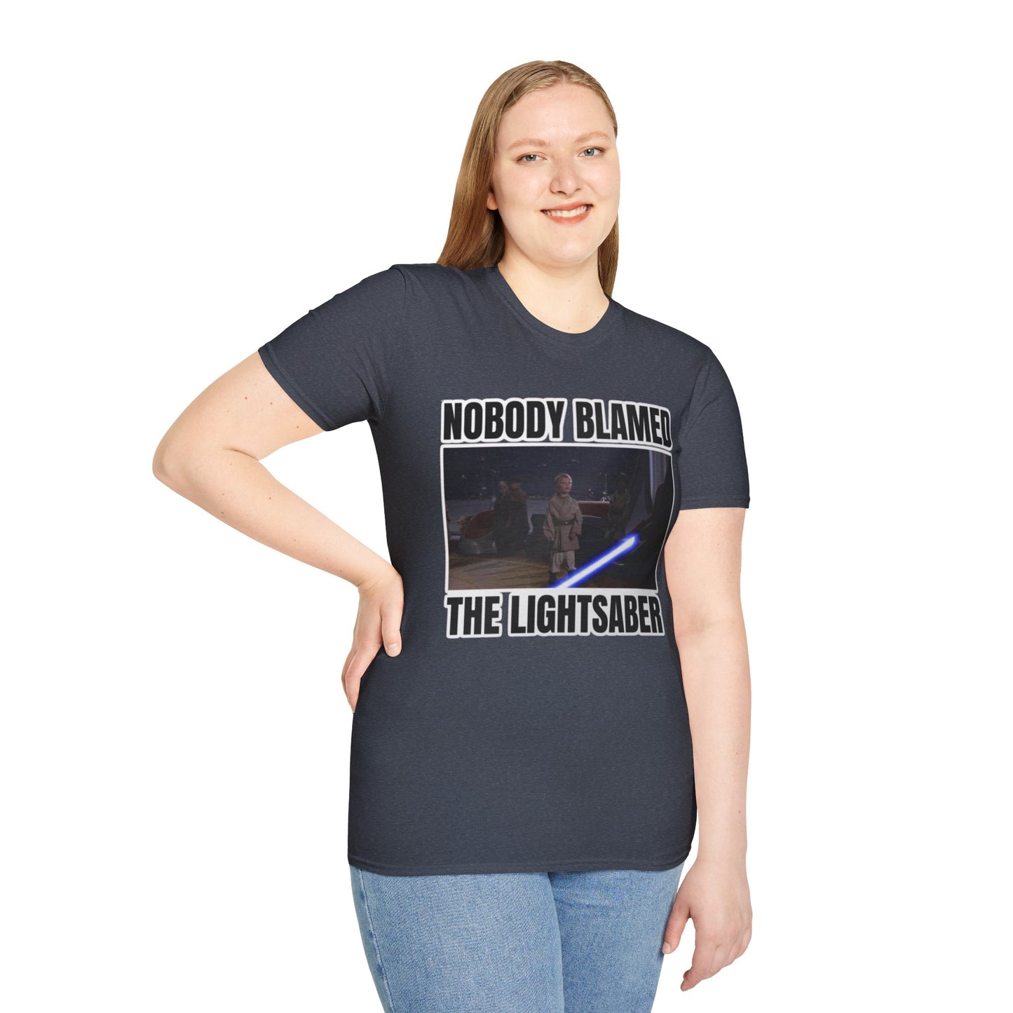 Humorous 'Nobody blamed the lightsaber' meme T-Shirt