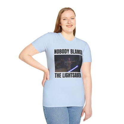 Humorous 'Nobody blamed the lightsaber' meme T-Shirt