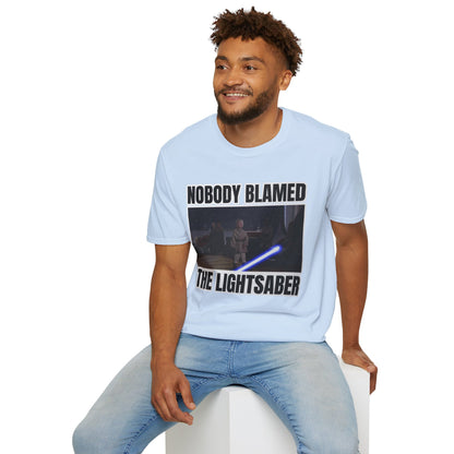 Humorous 'Nobody blamed the lightsaber' meme T-Shirt