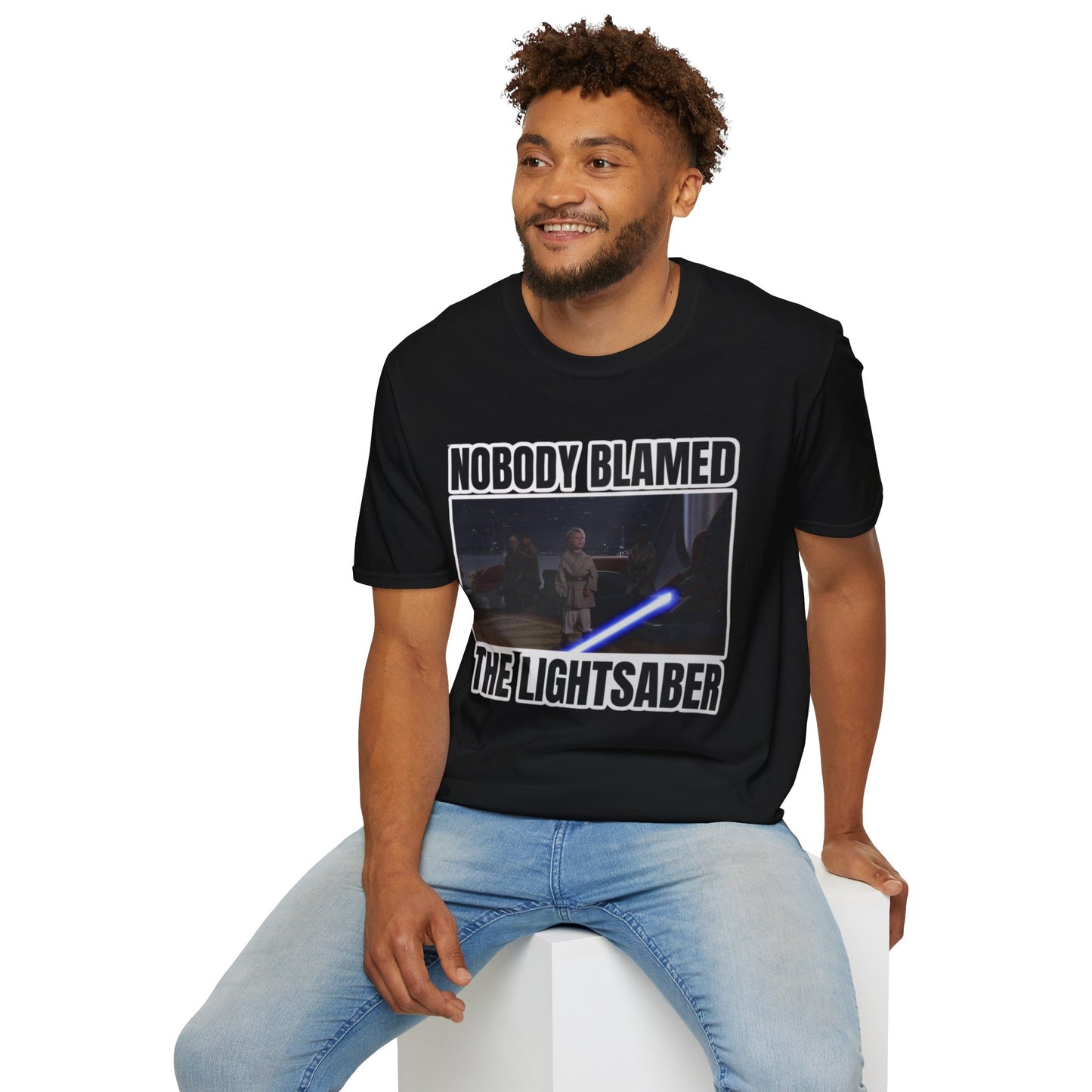 Humorous 'Nobody blamed the lightsaber' meme T-Shirt