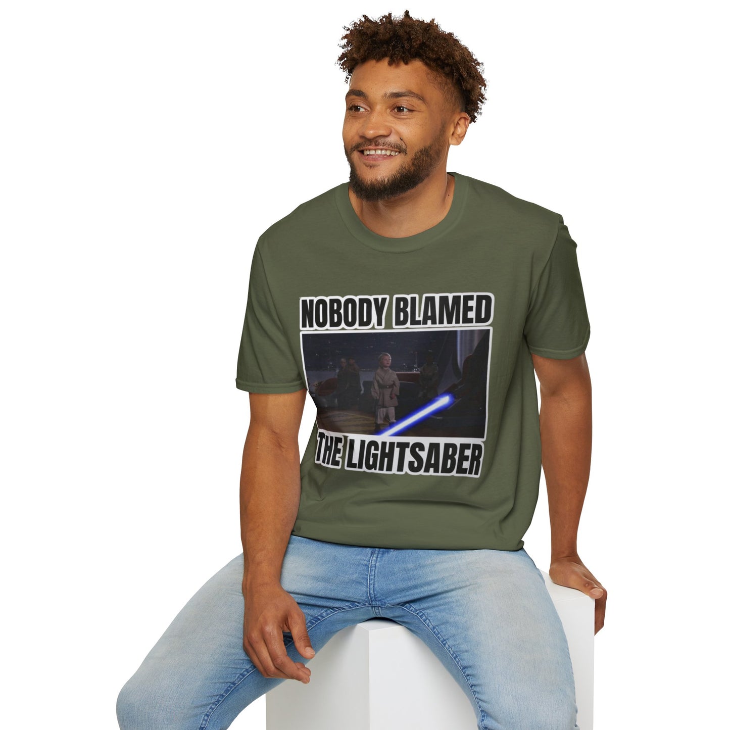 Humorous 'Nobody blamed the lightsaber' meme T-Shirt