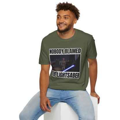 Humorous 'Nobody blamed the lightsaber' meme T-Shirt