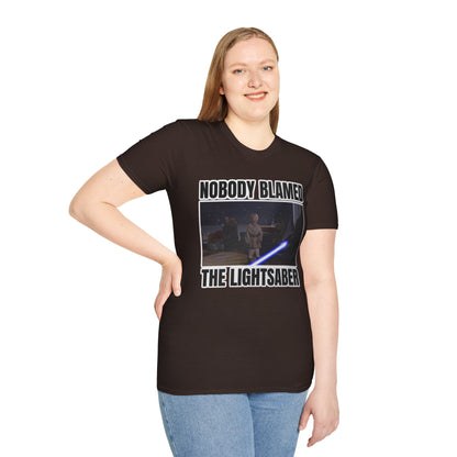 Humorous 'Nobody blamed the lightsaber' meme T-Shirt