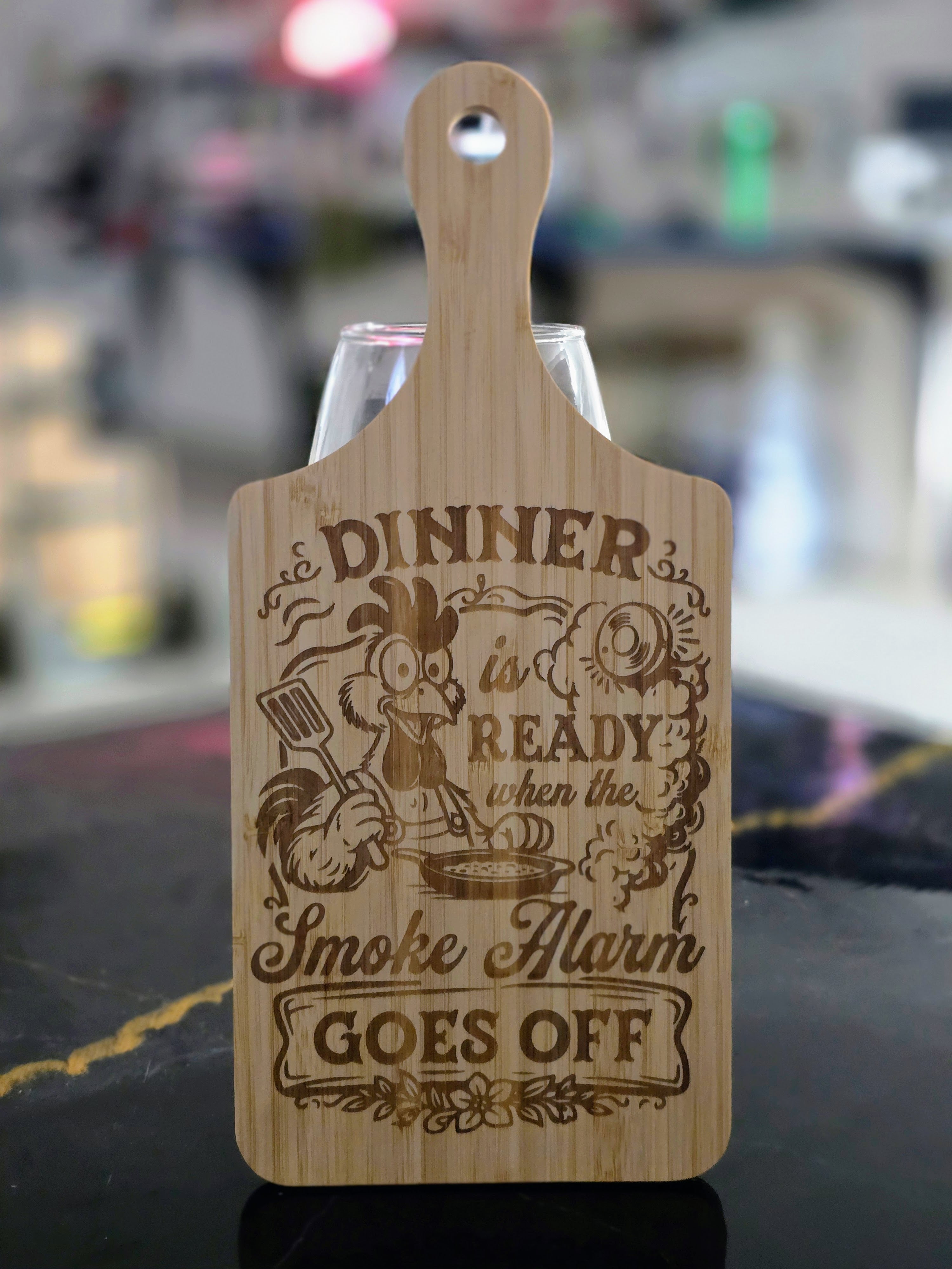 "Dinner is ready when the smoke alarm goes off" Laser-Engraved Bamboo Cutting Board – 11" Decorative & Functional Kitchen Board