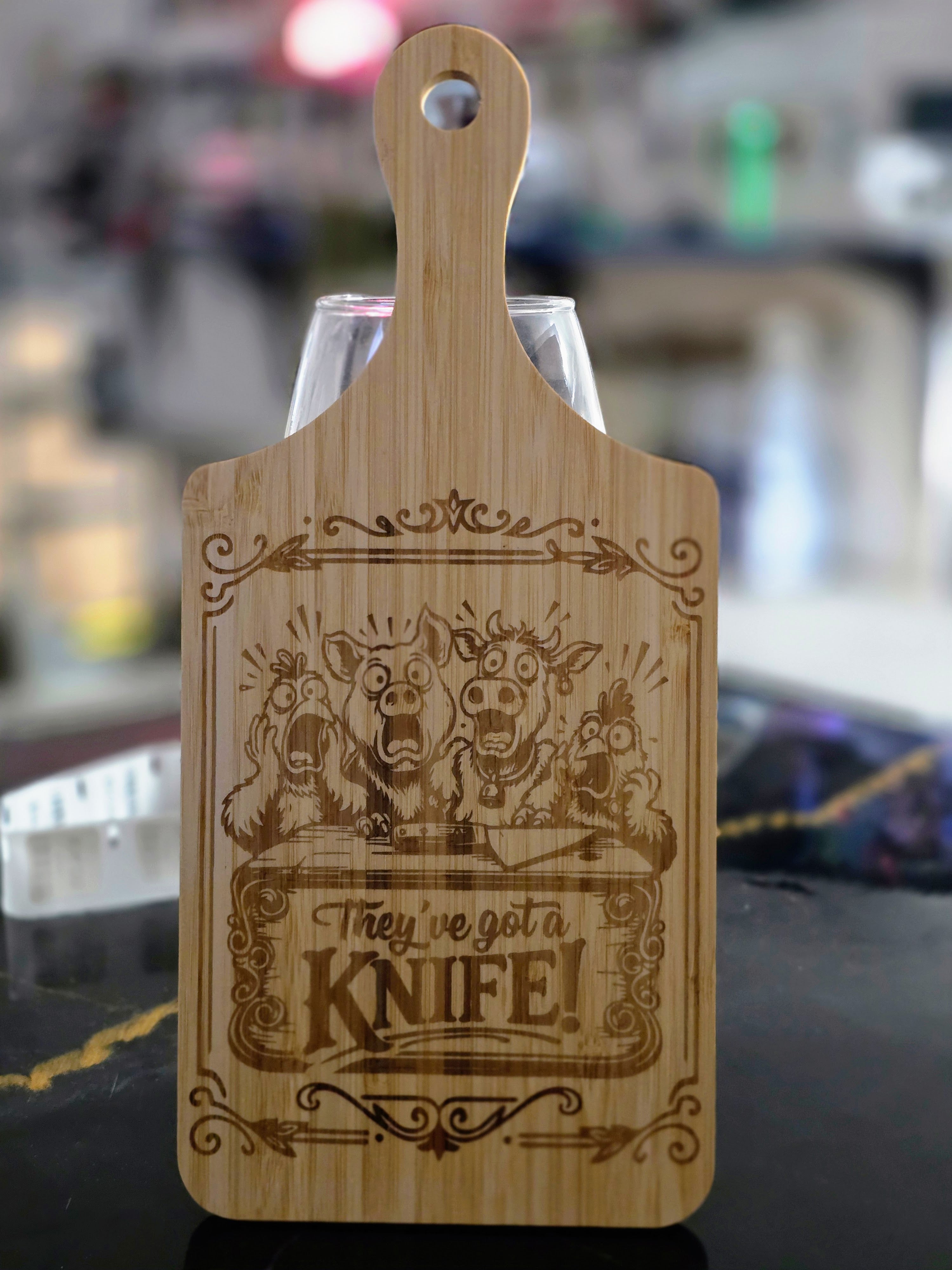 "They've Got a Knife" Laser-Engraved Bamboo Cutting Board – 11" Decorative & Functional Kitchen Board (Copy)