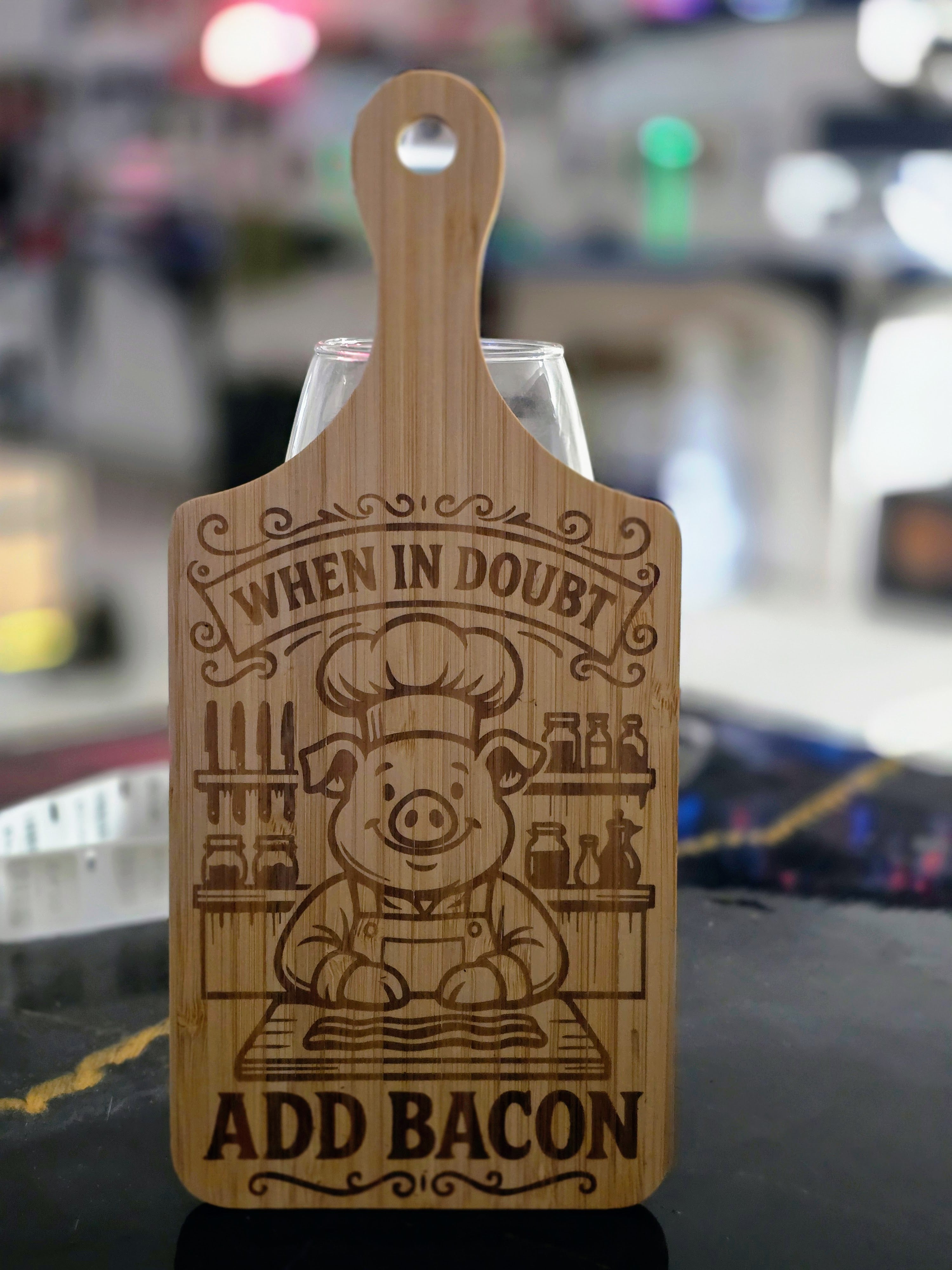 "When in doubt add bacon" Laser-Engraved Bamboo Cutting Board – 11" Decorative & Functional Kitchen Board