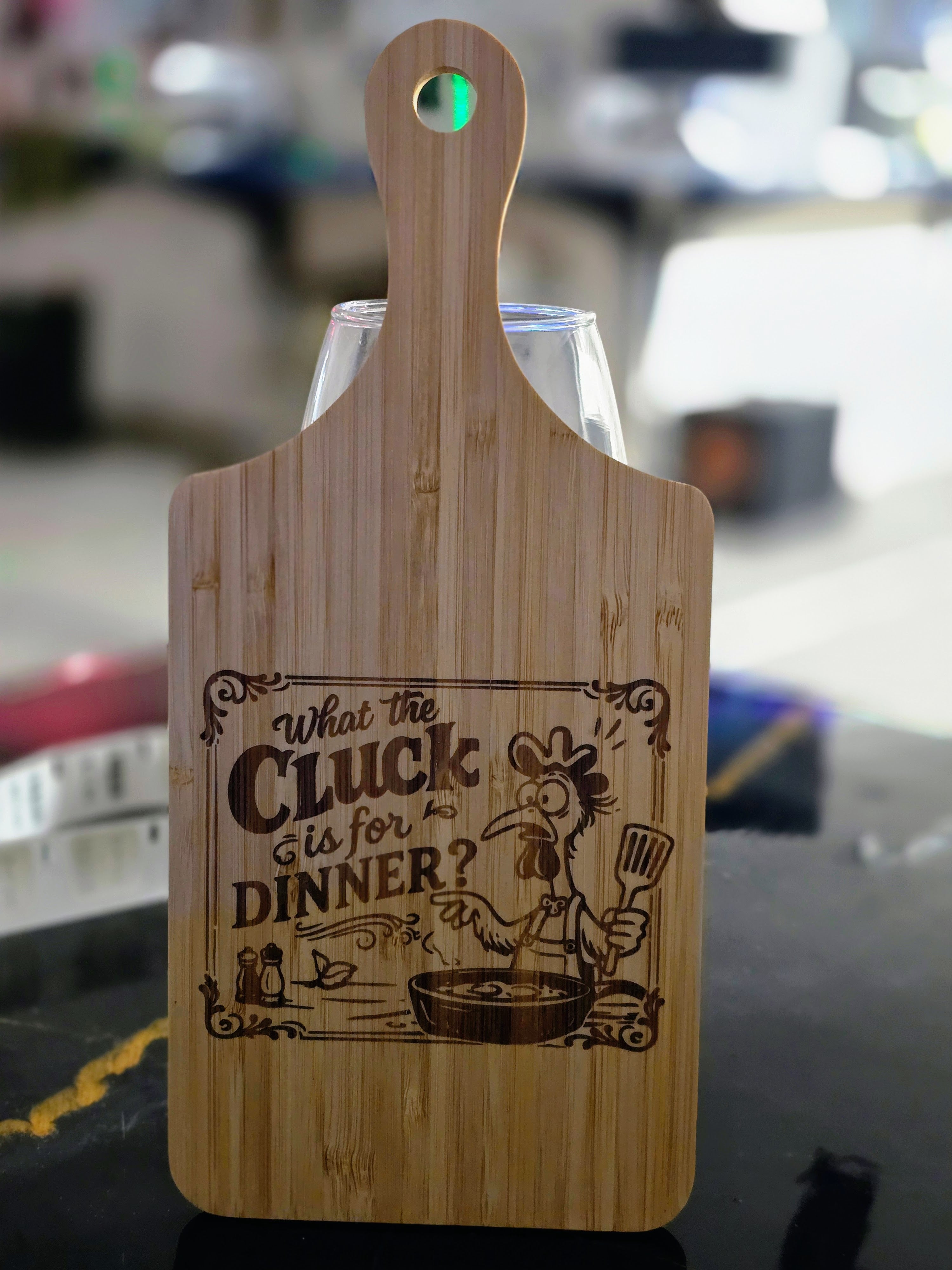 "What the cluck is for dinner" Laser-Engraved Bamboo Cutting Board – 11" Decorative & Functional Kitchen Board