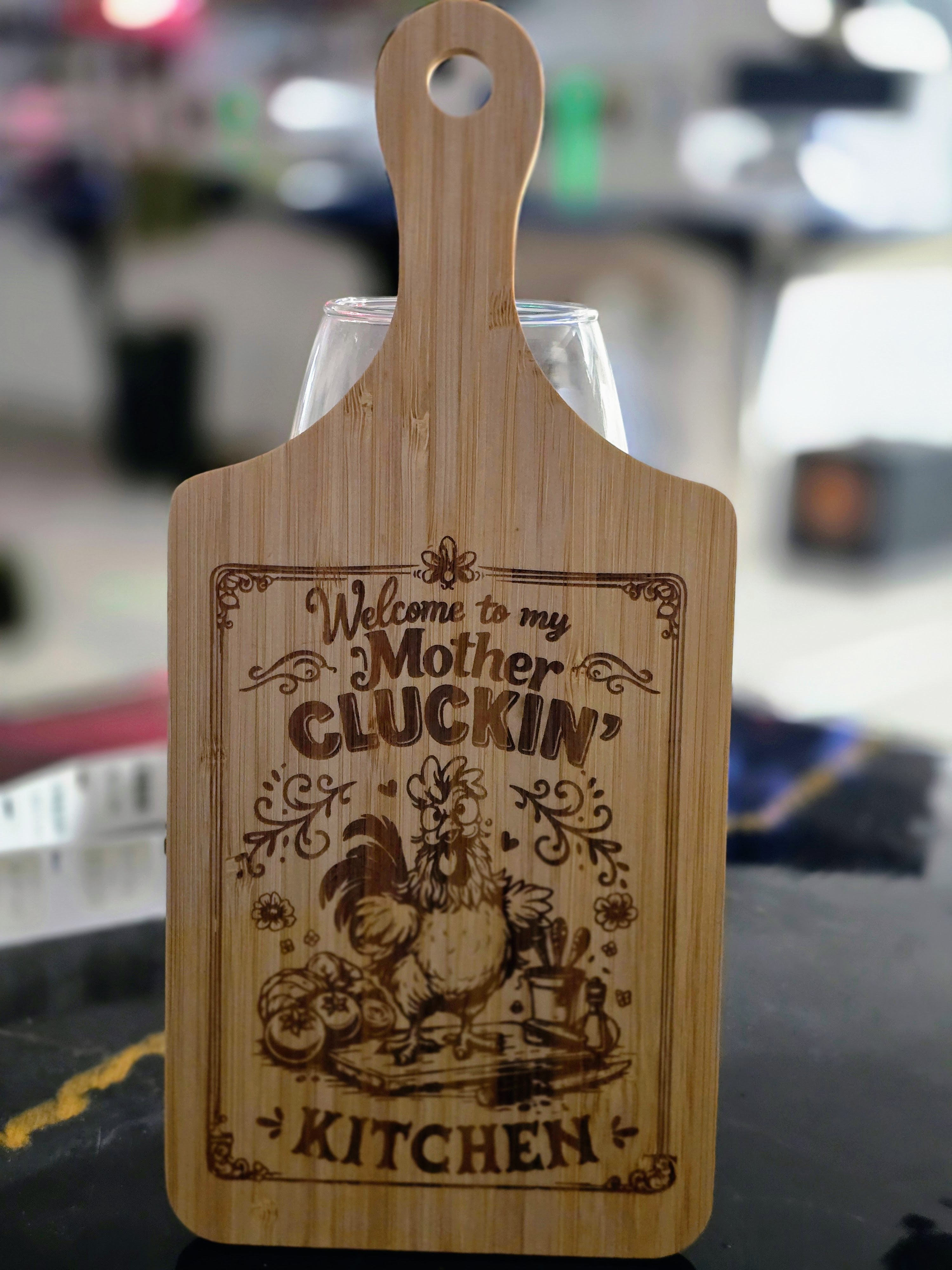 "Welcome to my mother cluckin' kitchen" Laser-Engraved Bamboo Cutting Board – 11" Decorative & Functional Kitchen Board
