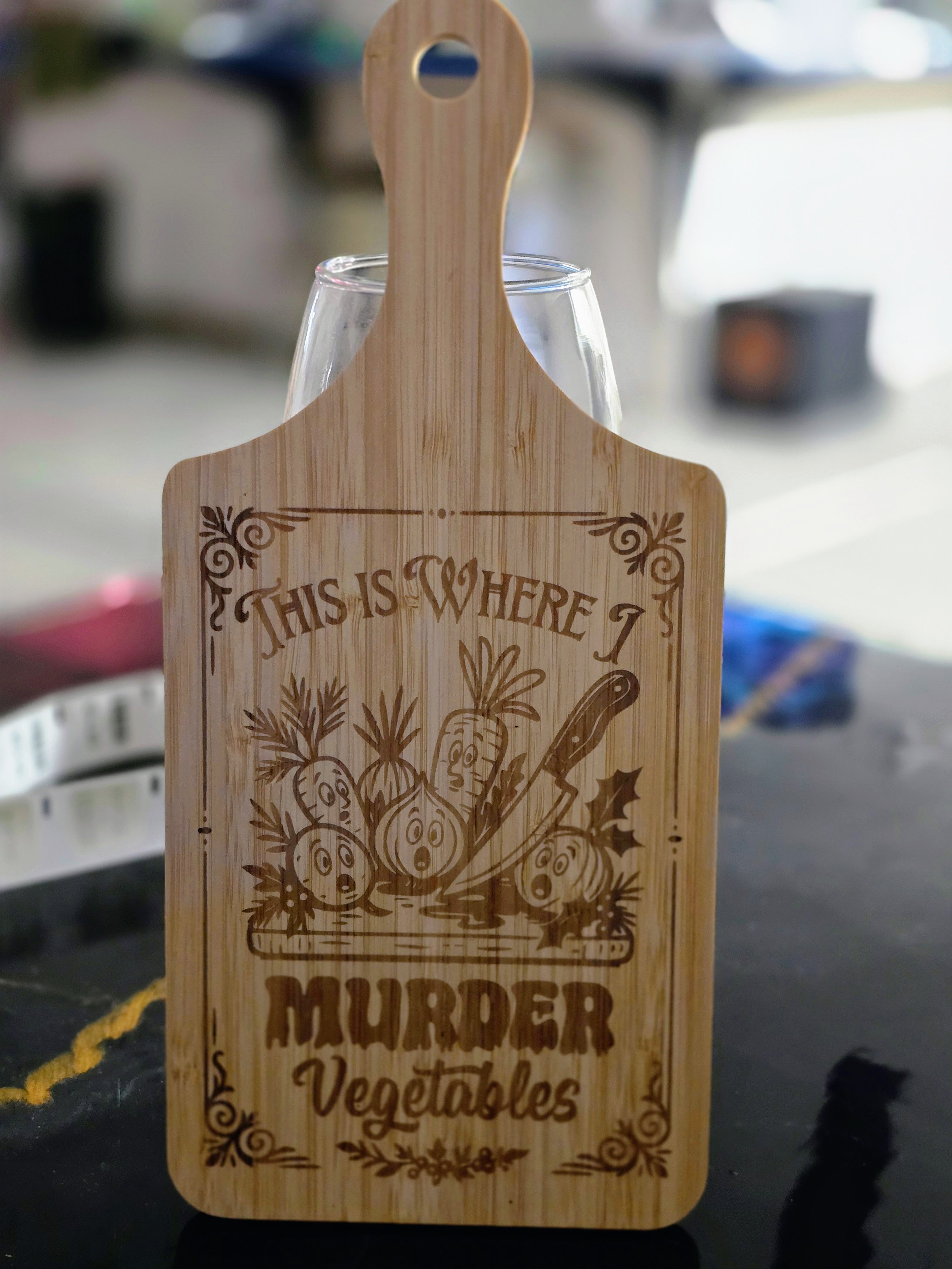 "This is where i murder vegetables" Laser-Engraved Bamboo Cutting Board – 11" Decorative & Functional Kitchen Board