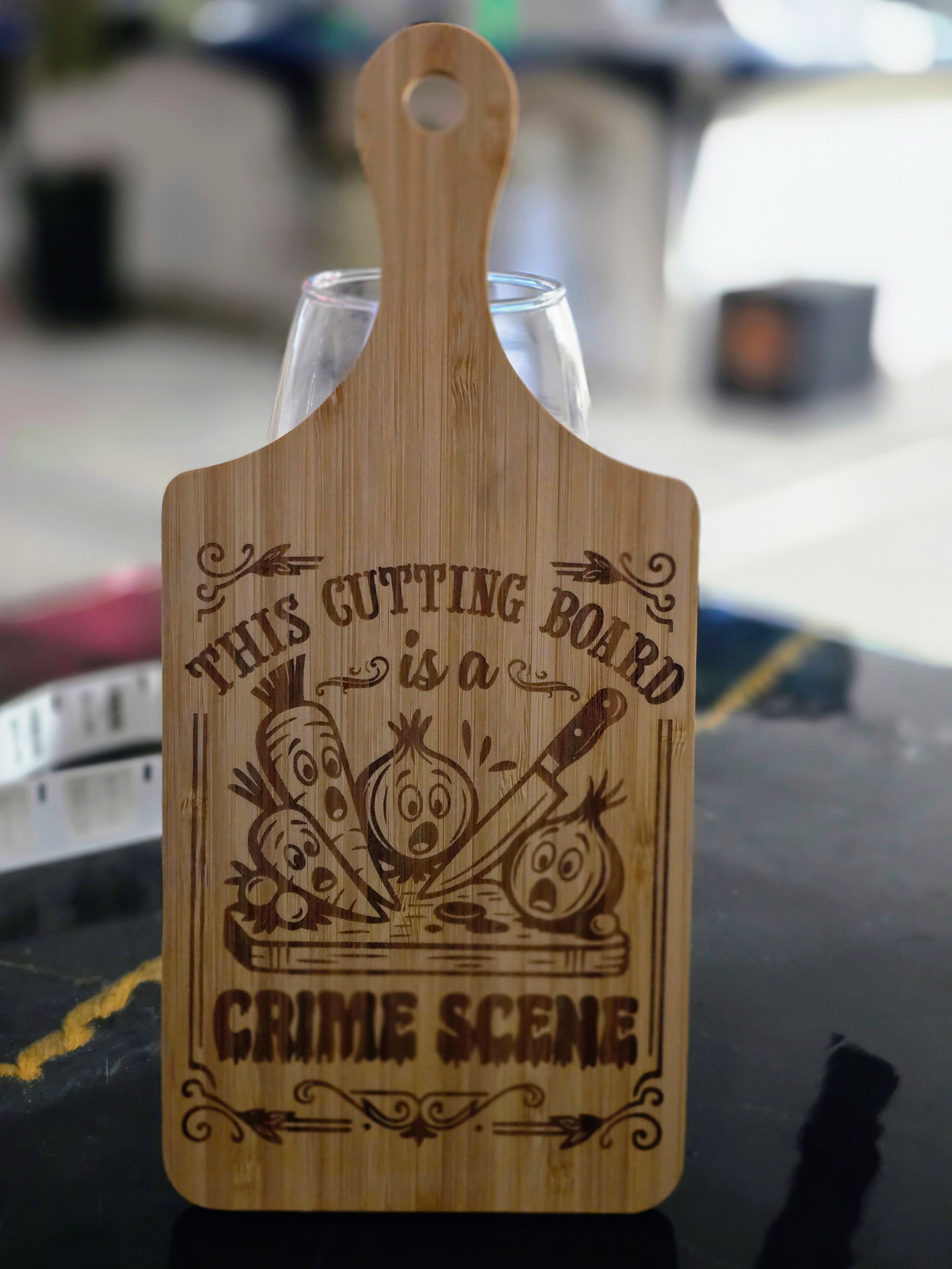 "This cutting board is a crime scene" Laser-Engraved Bamboo Cutting Board – 11" Decorative & Functional Kitchen Board