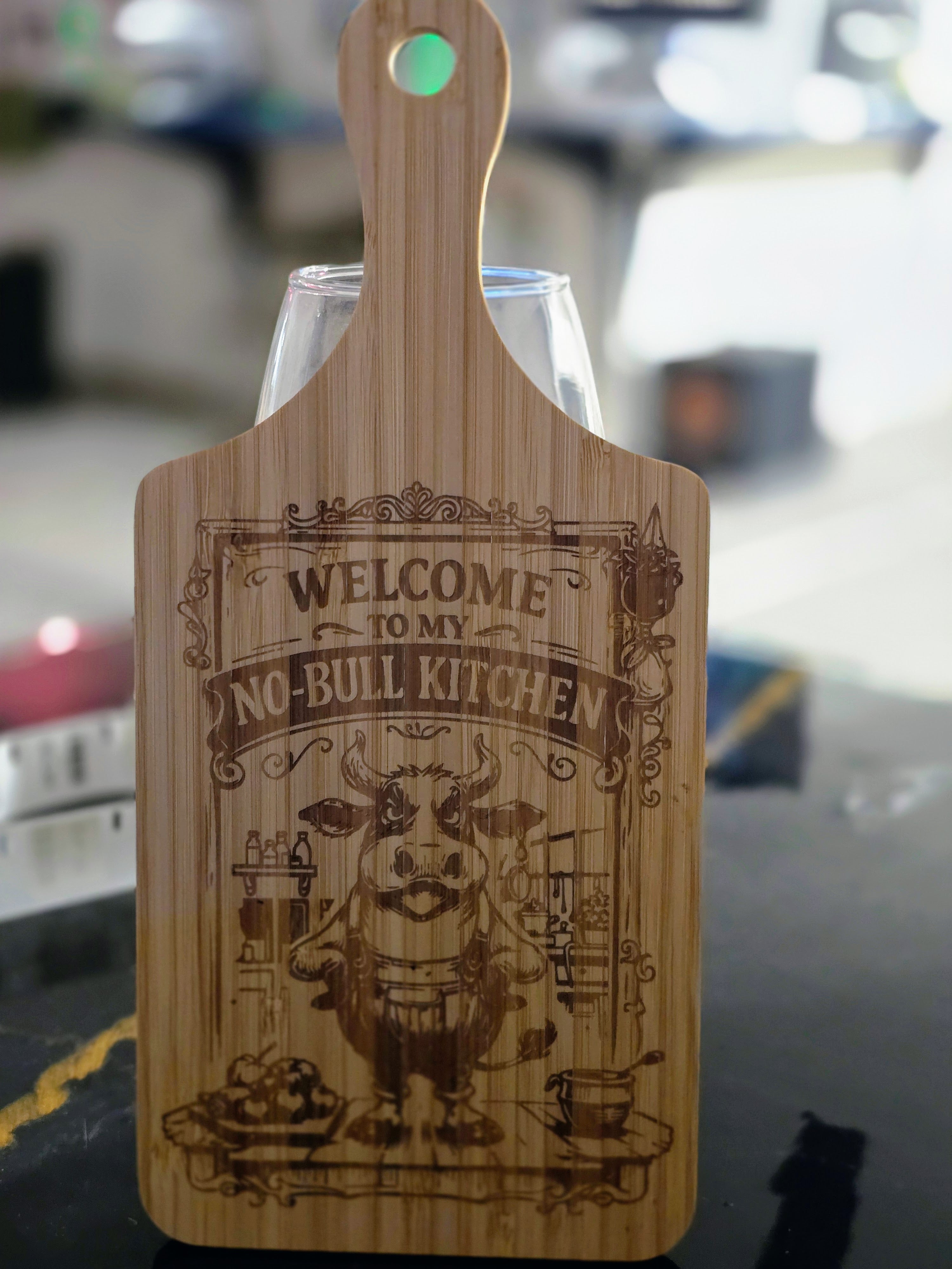 "Welcome to my no-bull kitchen" Laser-Engraved Bamboo Cutting Board – 11" Decorative & Functional Kitchen Board