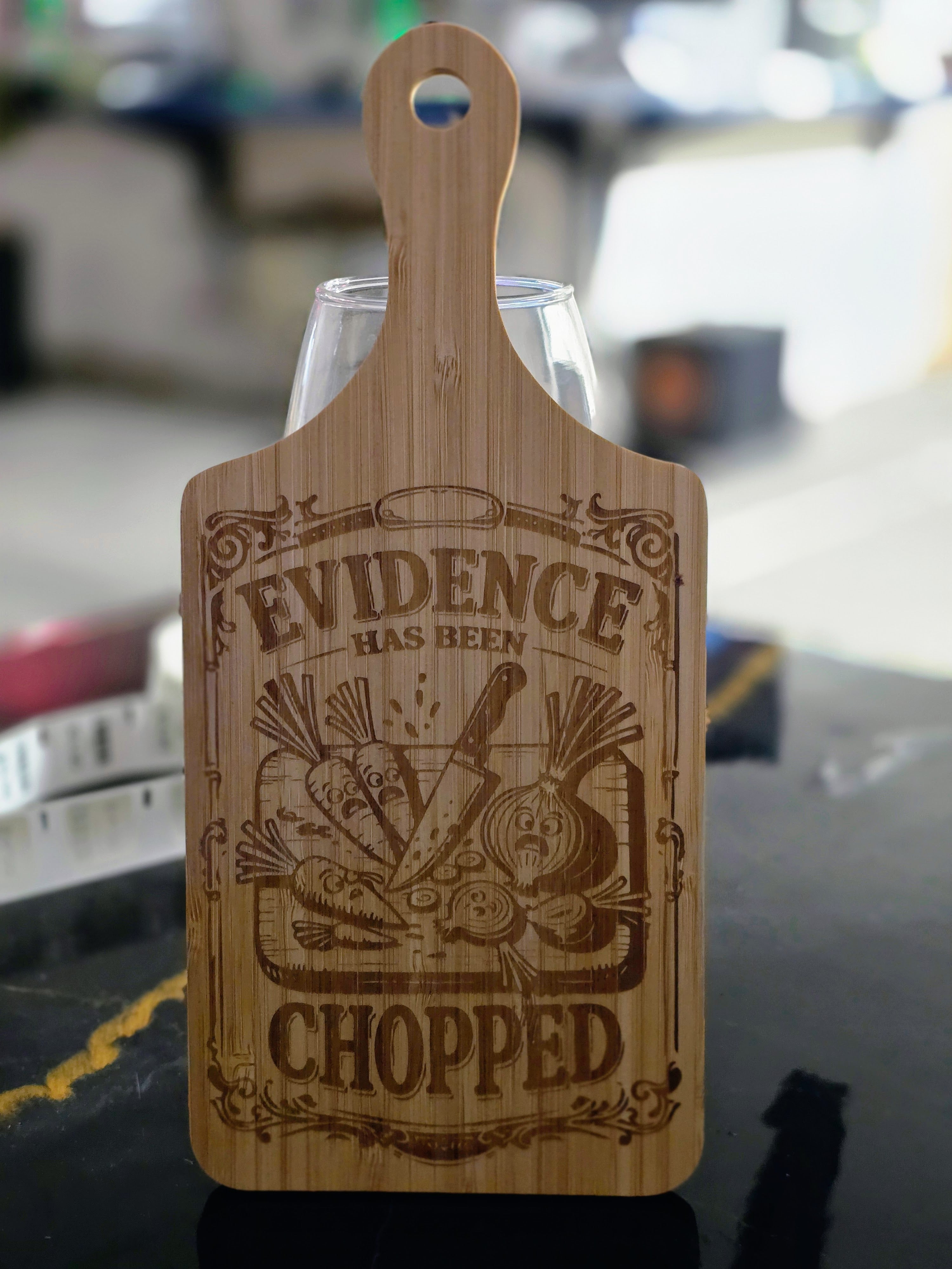 "Evidence Chopped" Laser-Engraved Bamboo Cutting Board – 11" Decorative & Functional Kitchen Board