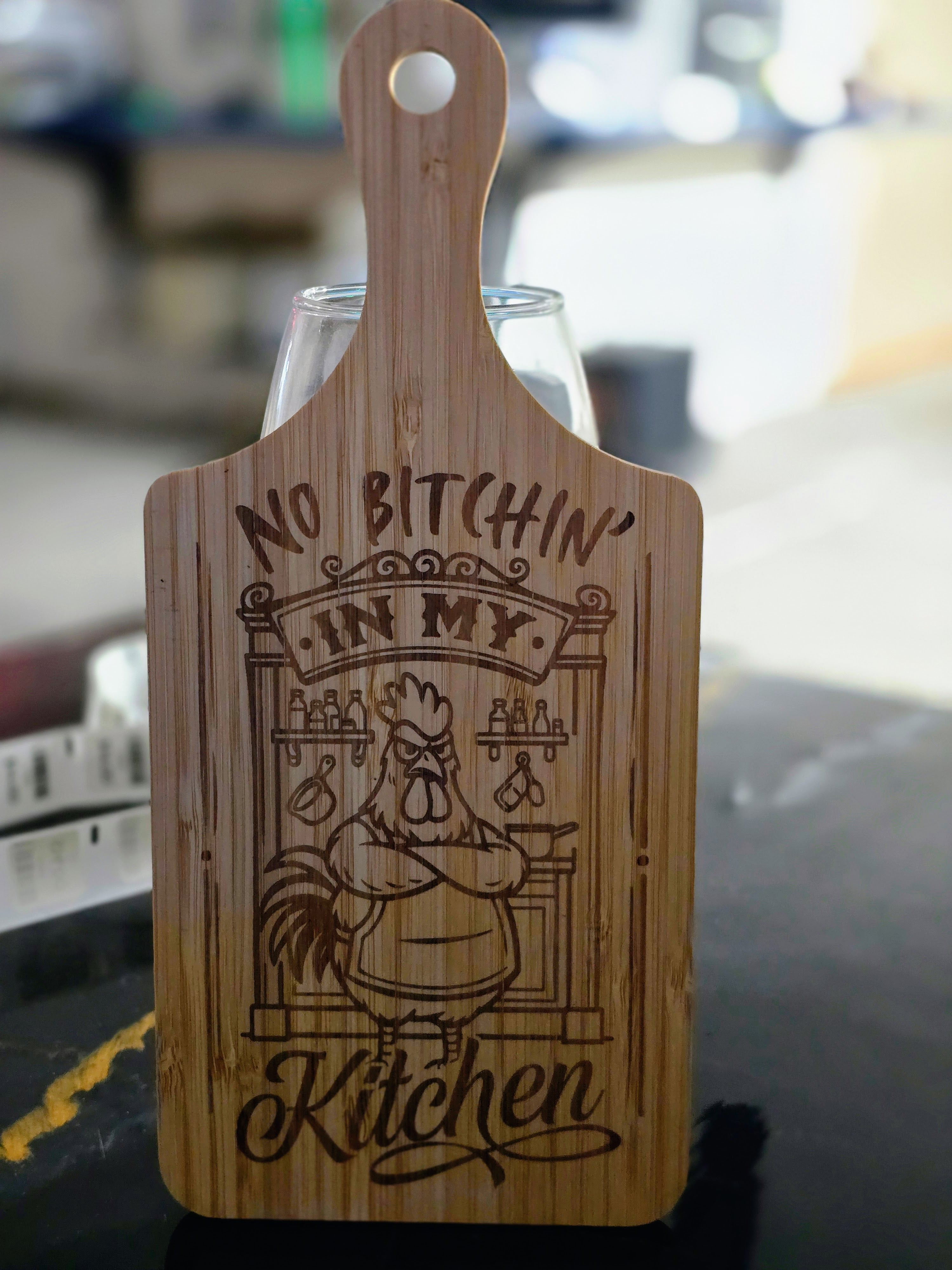 "No bitchin in my kitchen" Laser-Engraved Bamboo Cutting Board – 11" Decorative & Functional Kitchen Board