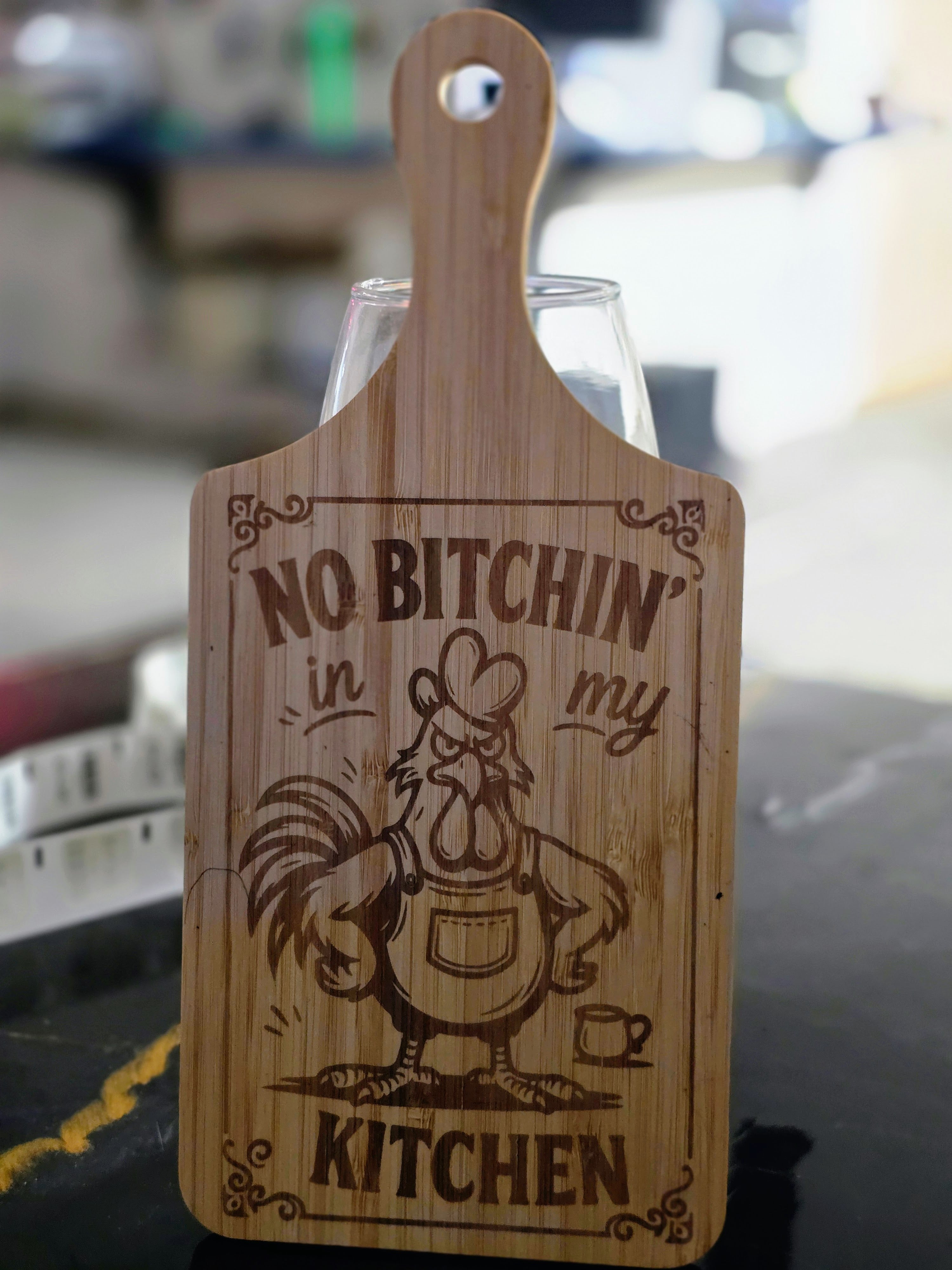 "No bitchin' in my kitchen" Laser-Engraved Bamboo Cutting Board – 11" Decorative & Functional Kitchen Board