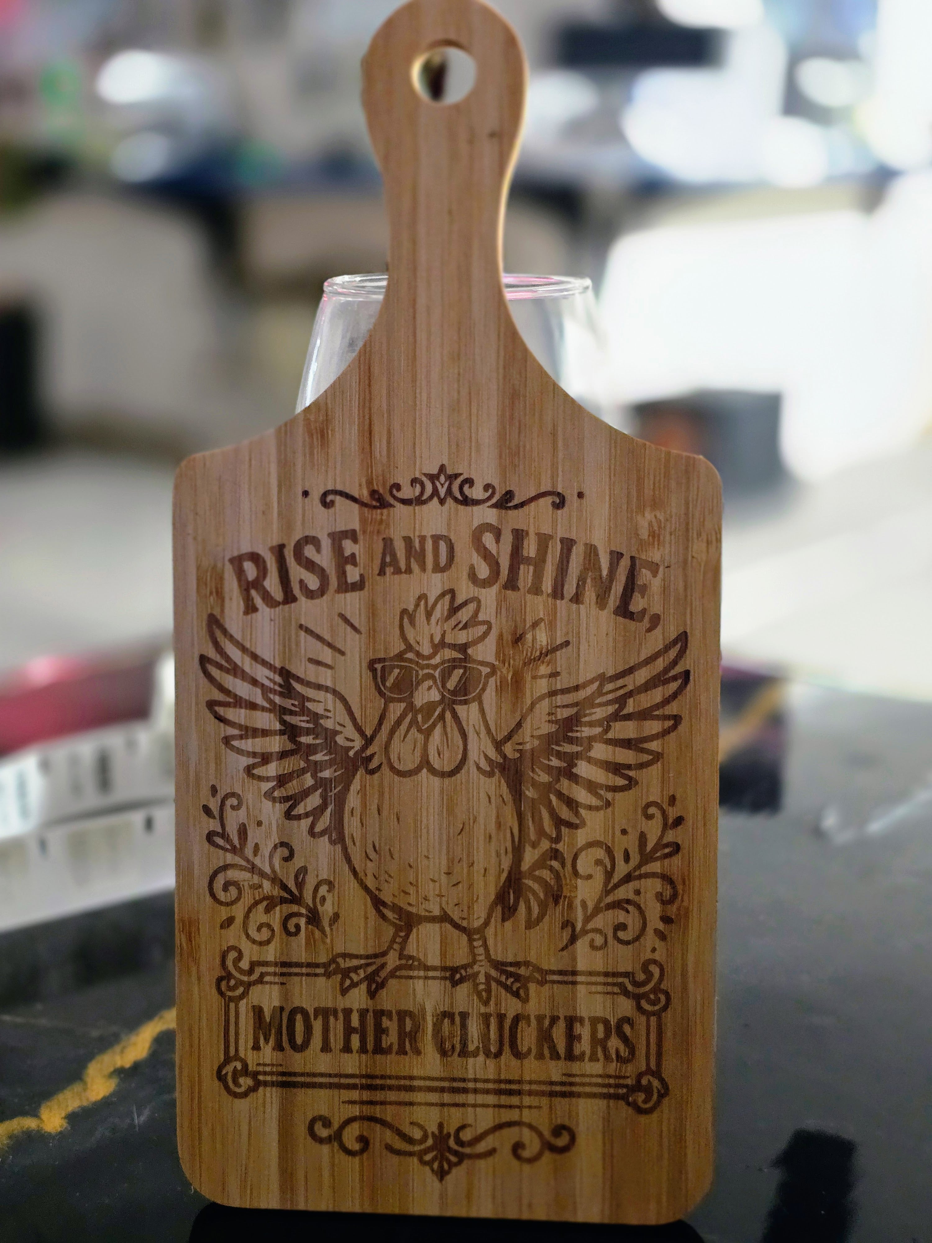 "Rise and shine mother cluckers" Laser-Engraved Bamboo Cutting Board – 11" Decorative & Functional Kitchen Board