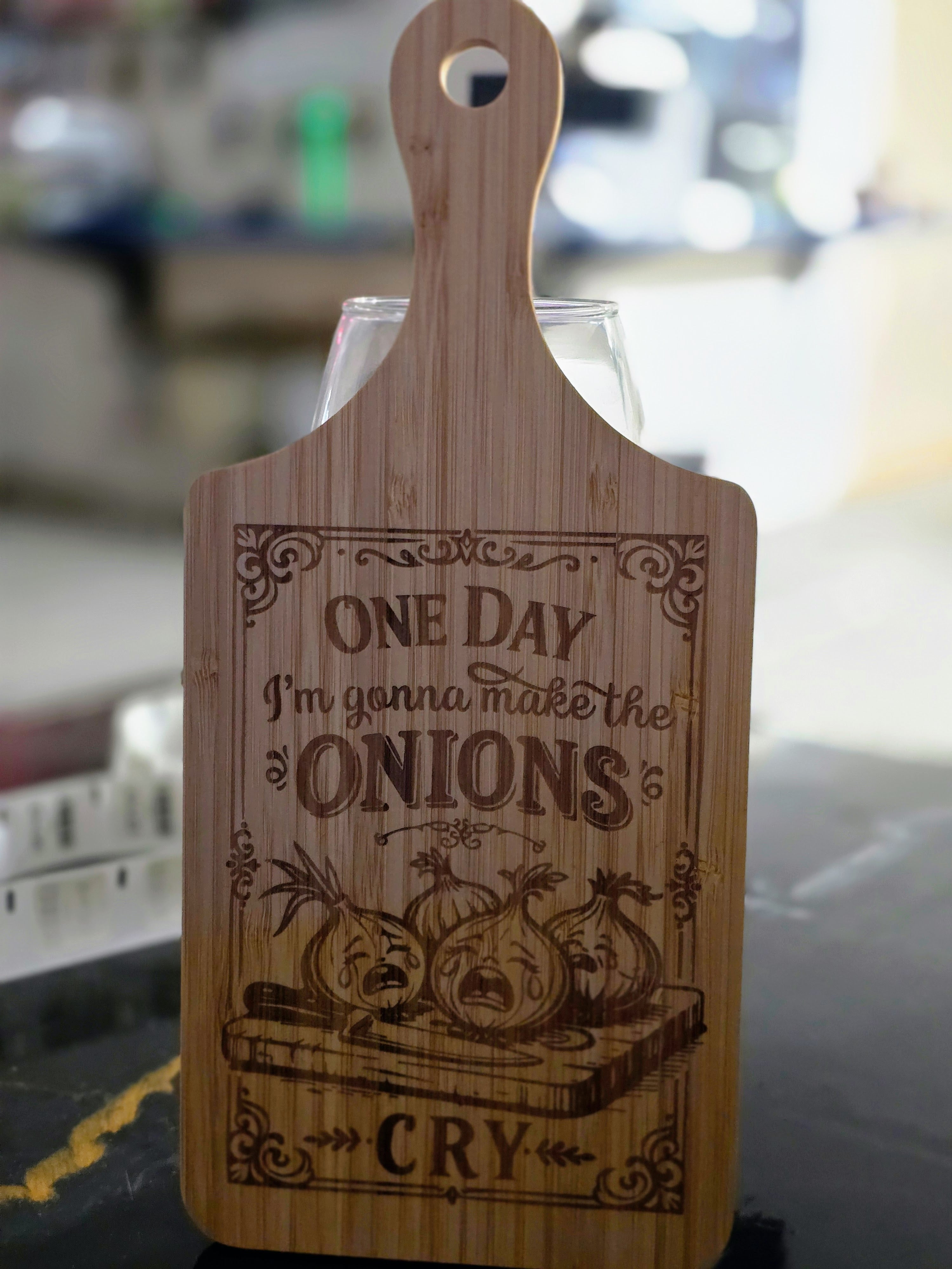 "One day I'm gonna make the onions cry" Laser-Engraved Bamboo Cutting Board – 11" Decorative & Functional Kitchen Board