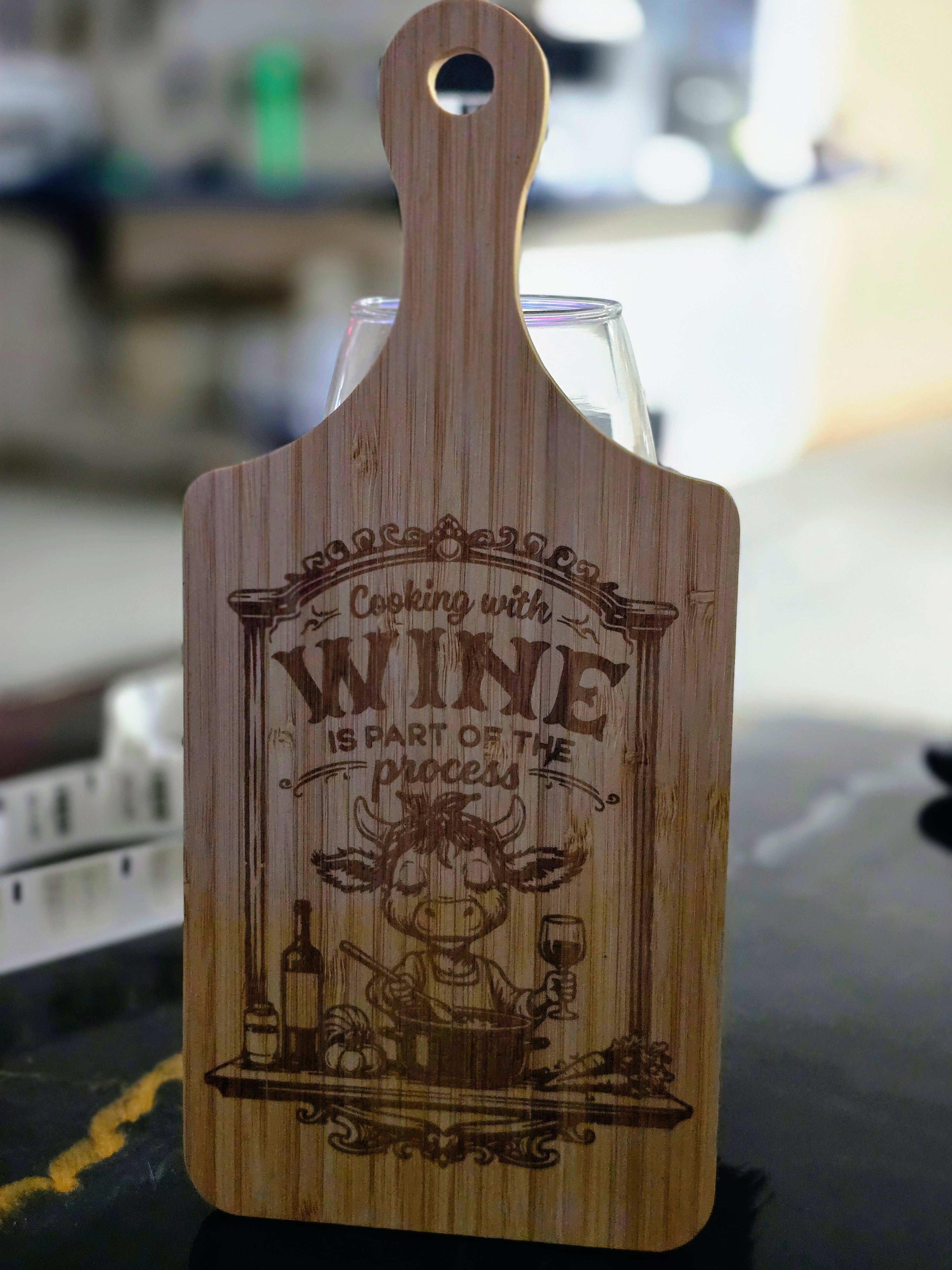 "Cooking with wine is part of the process" Laser-Engraved Bamboo Cutting Board – 11" Decorative & Functional Kitchen Board