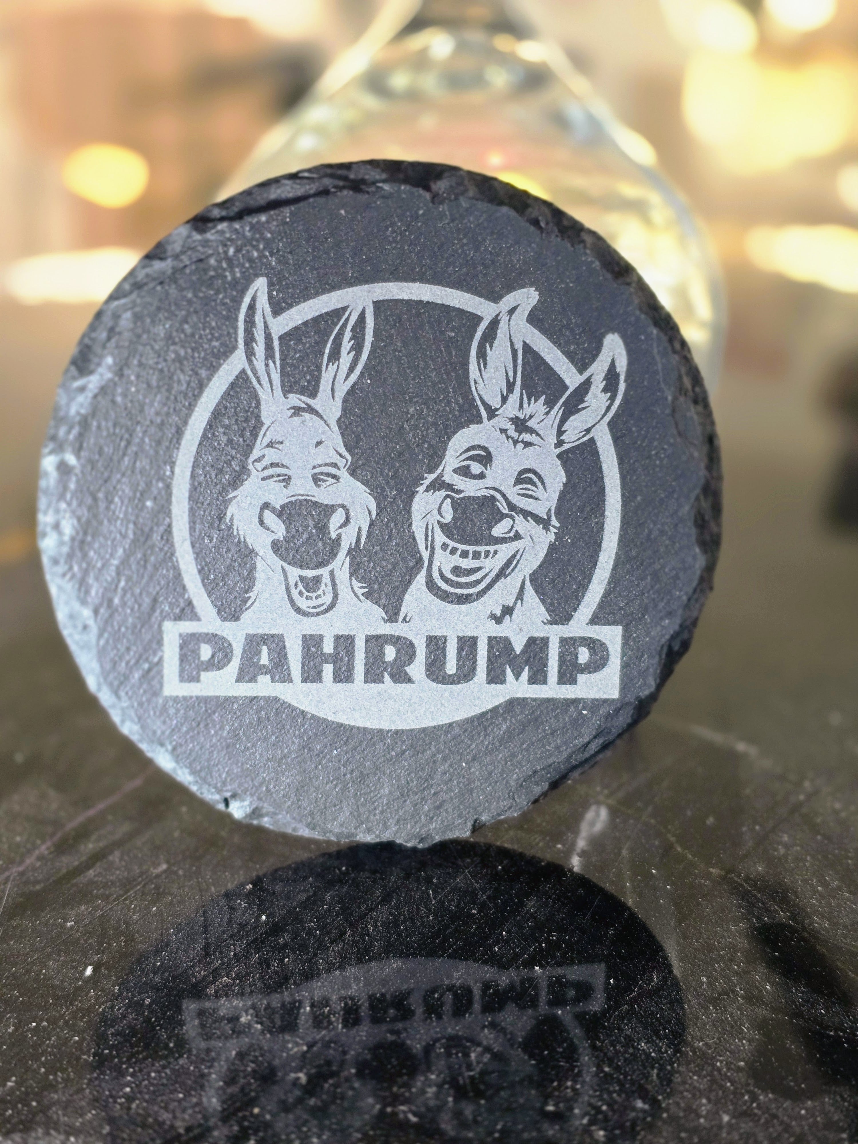Pahrump Burro Round Slate Coasters – Laser Engraved Natural Stone Coasters – Modern Home & Bar Décor
