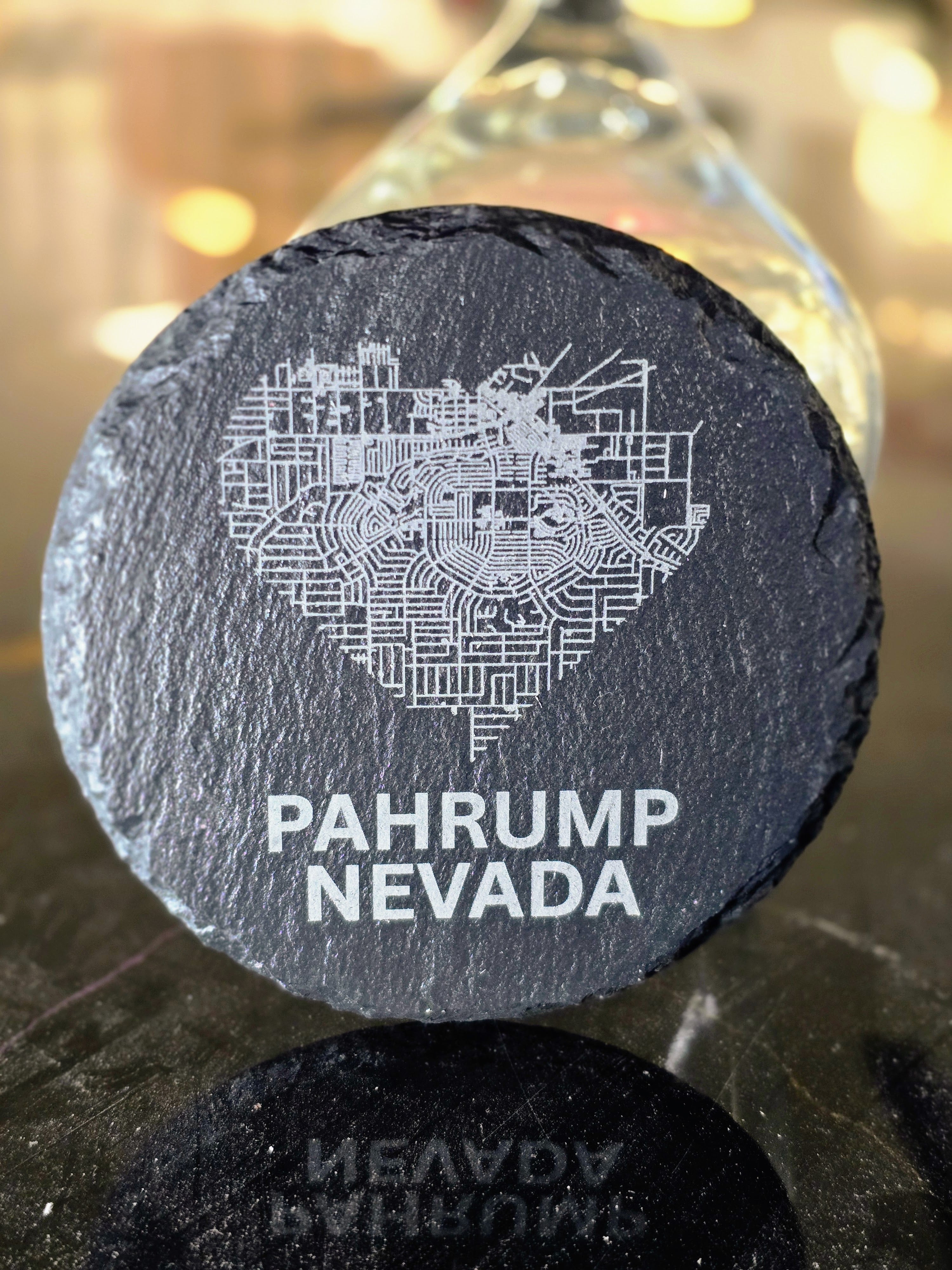 Pahrump Map Round Slate Coasters – Laser Engraved Natural Stone Coasters – Modern Home & Bar Décor