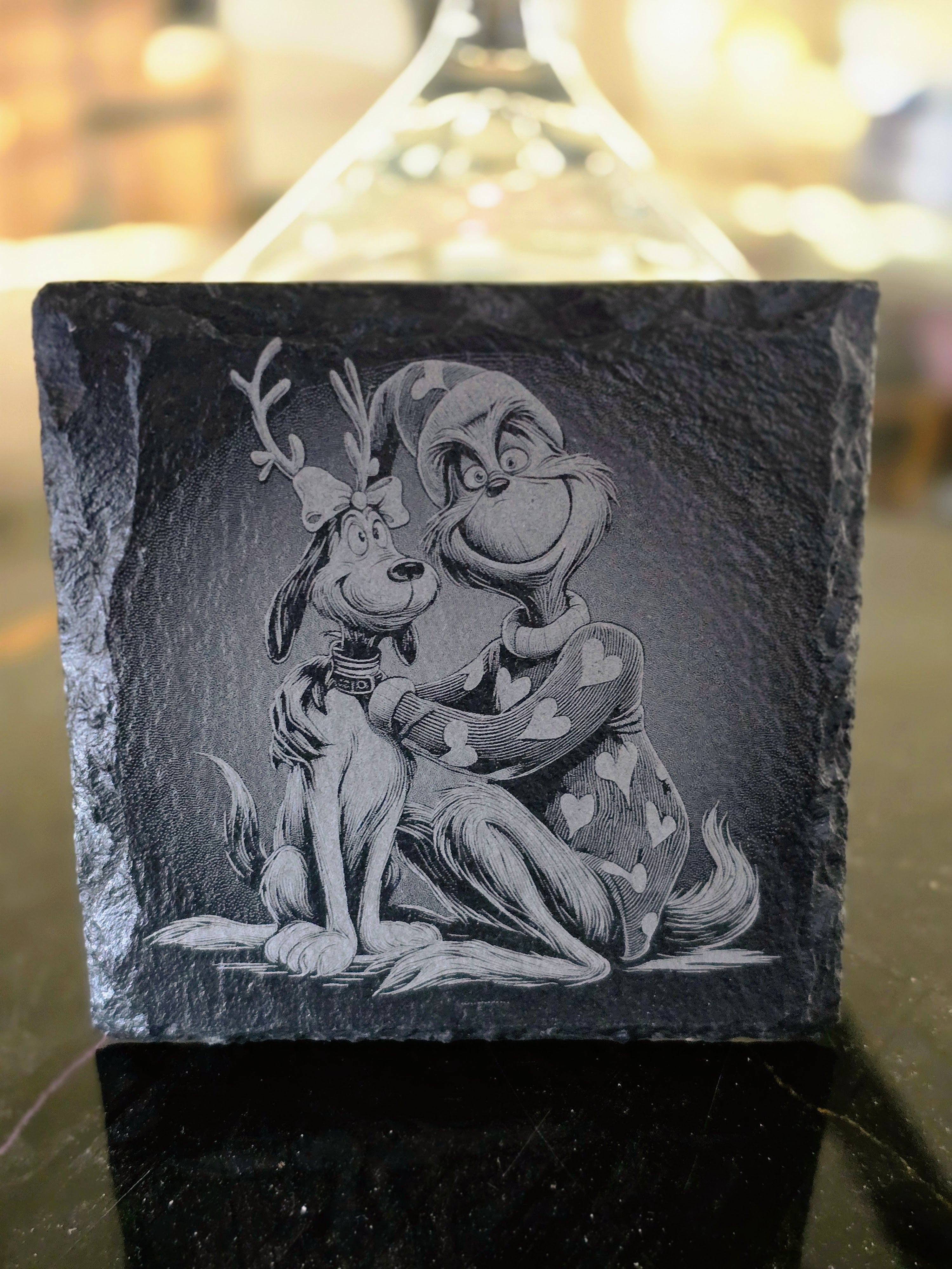 Valentine's Day Grinch Square Slate Coasters – Laser Engraved Natural Stone Coasters – Modern Home & Bar Décor