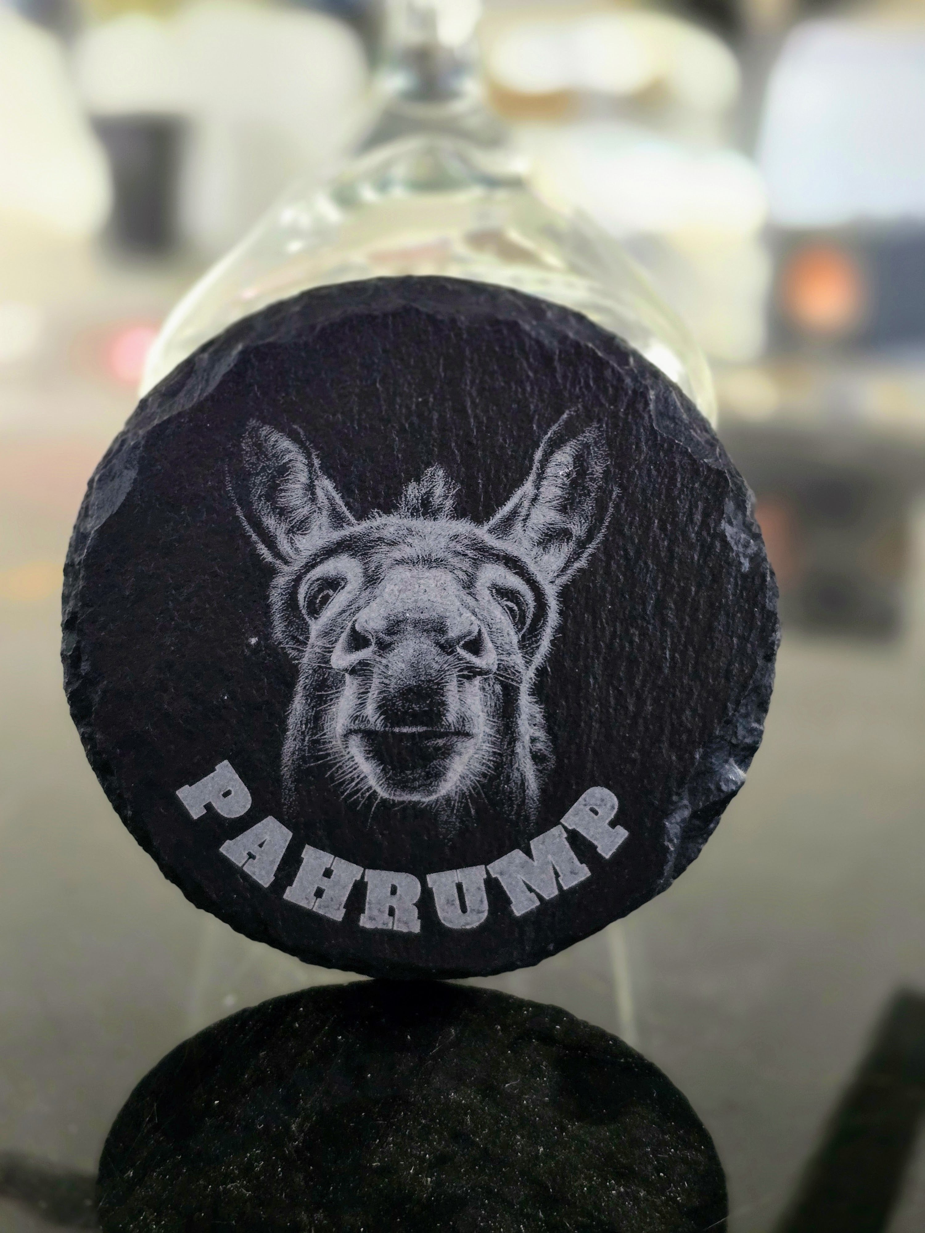 Pahrump Burro Round Slate Coasters – Laser Engraved Natural Stone Coasters – Modern Home & Bar Décor