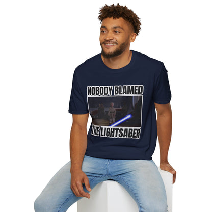 Humorous 'Nobody blamed the lightsaber' meme T-Shirt