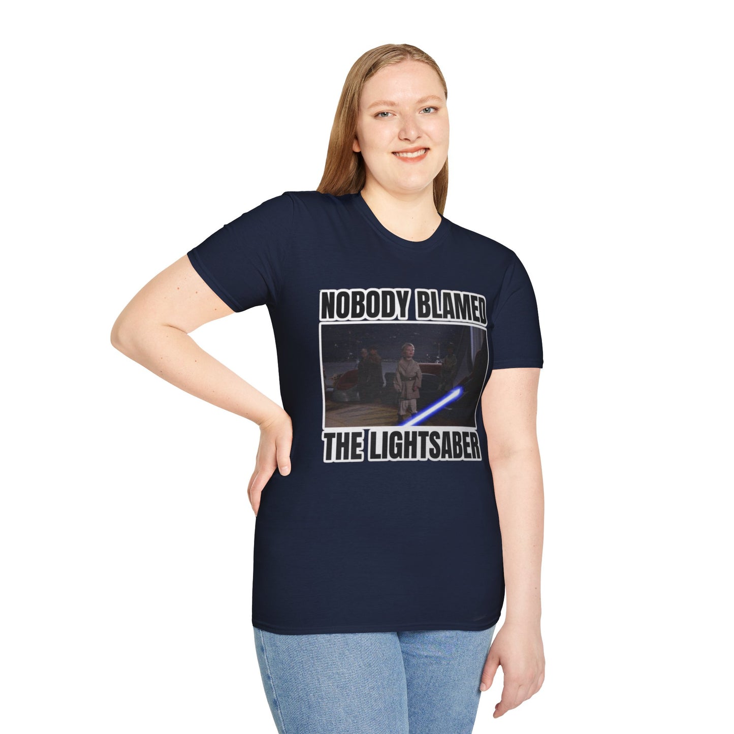 Humorous 'Nobody blamed the lightsaber' meme T-Shirt