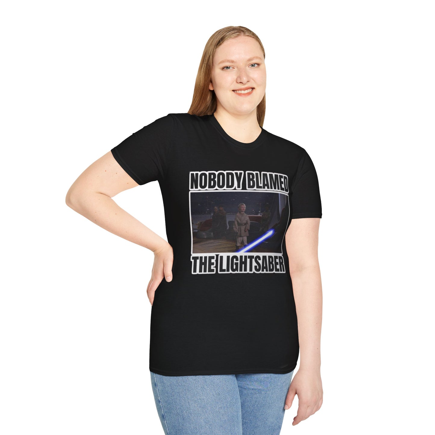 Humorous 'Nobody blamed the lightsaber' meme T-Shirt