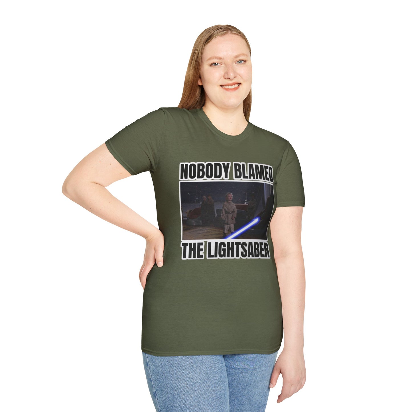 Humorous 'Nobody blamed the lightsaber' meme T-Shirt