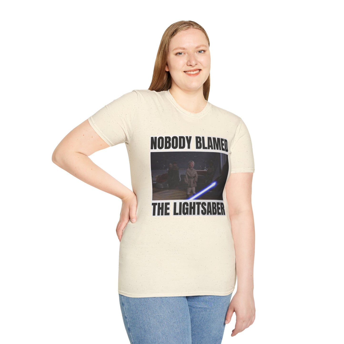 Humorous 'Nobody blamed the lightsaber' meme T-Shirt