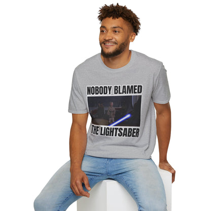 Humorous 'Nobody blamed the lightsaber' meme T-Shirt